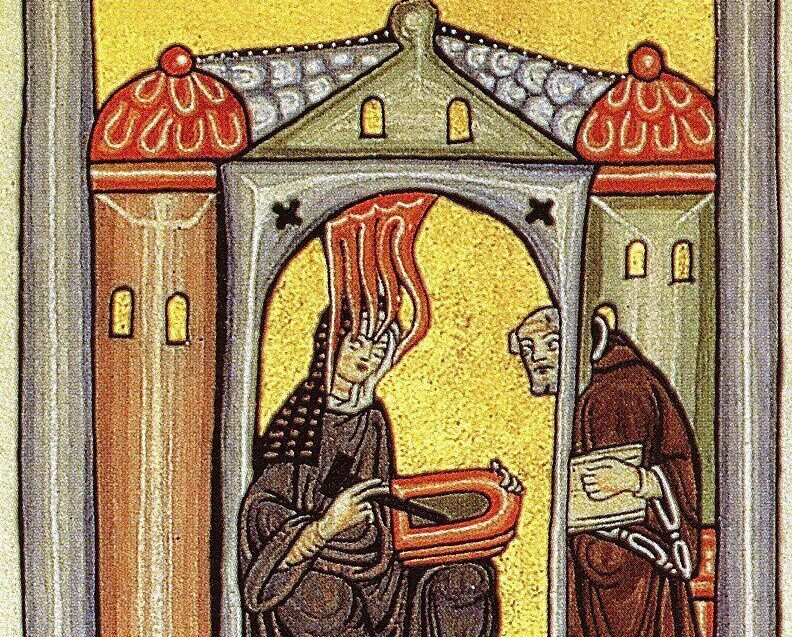 the Riesencodex, Hildegard dictating one of her visions to a scribe