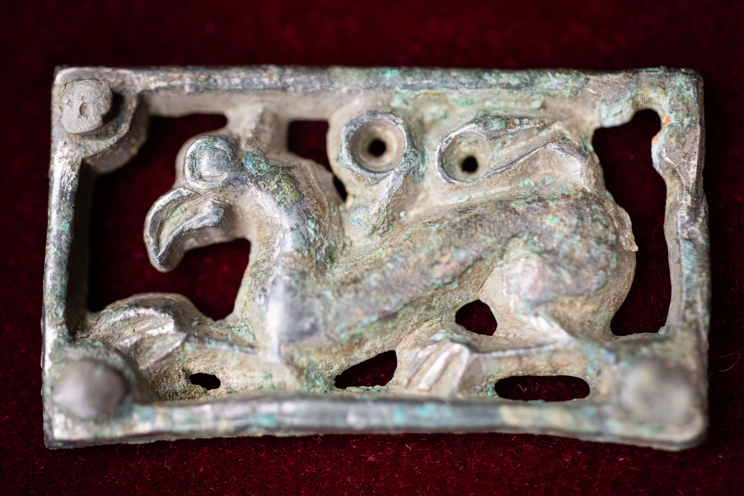 A copper alloy belt plaque with a griffin from the Avar-period cemetery at Mödling - Goldene Stiege, 8th century CE