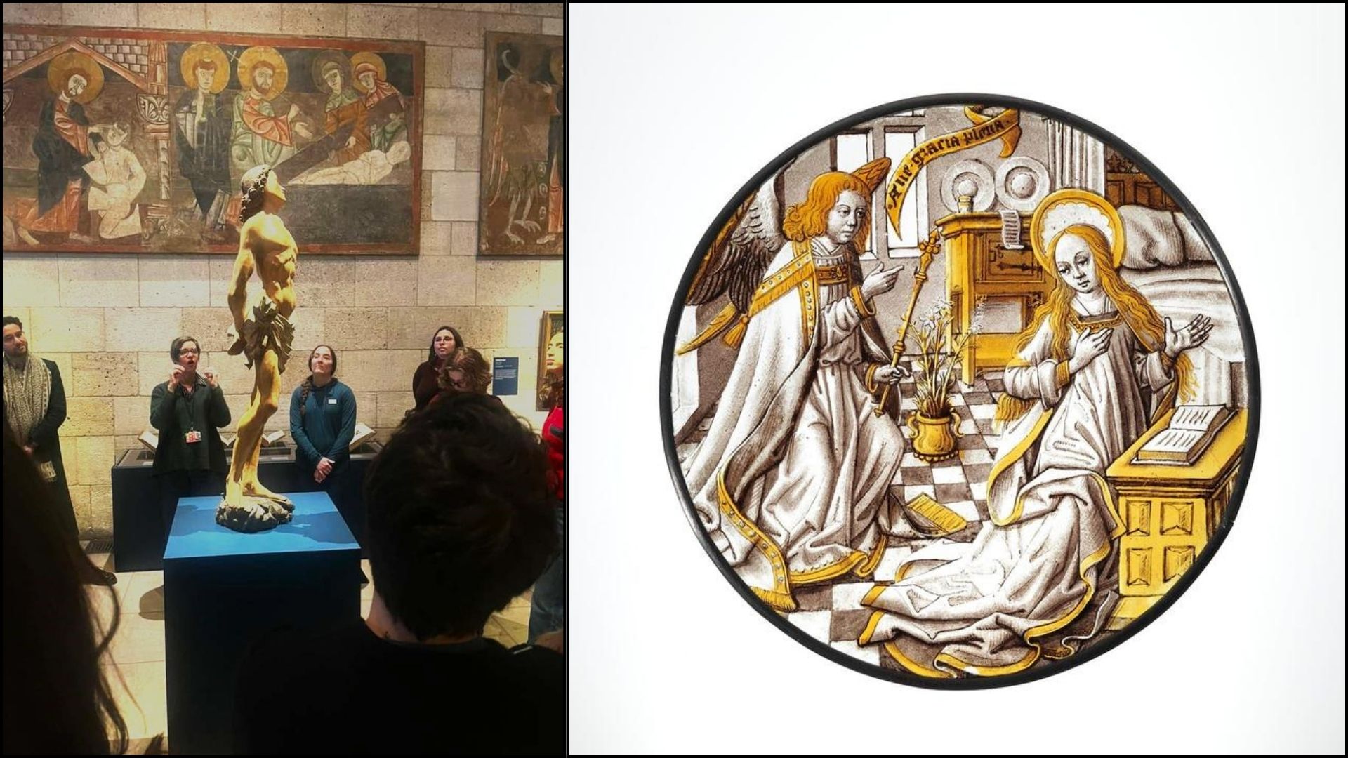 statue of man and painting of angels